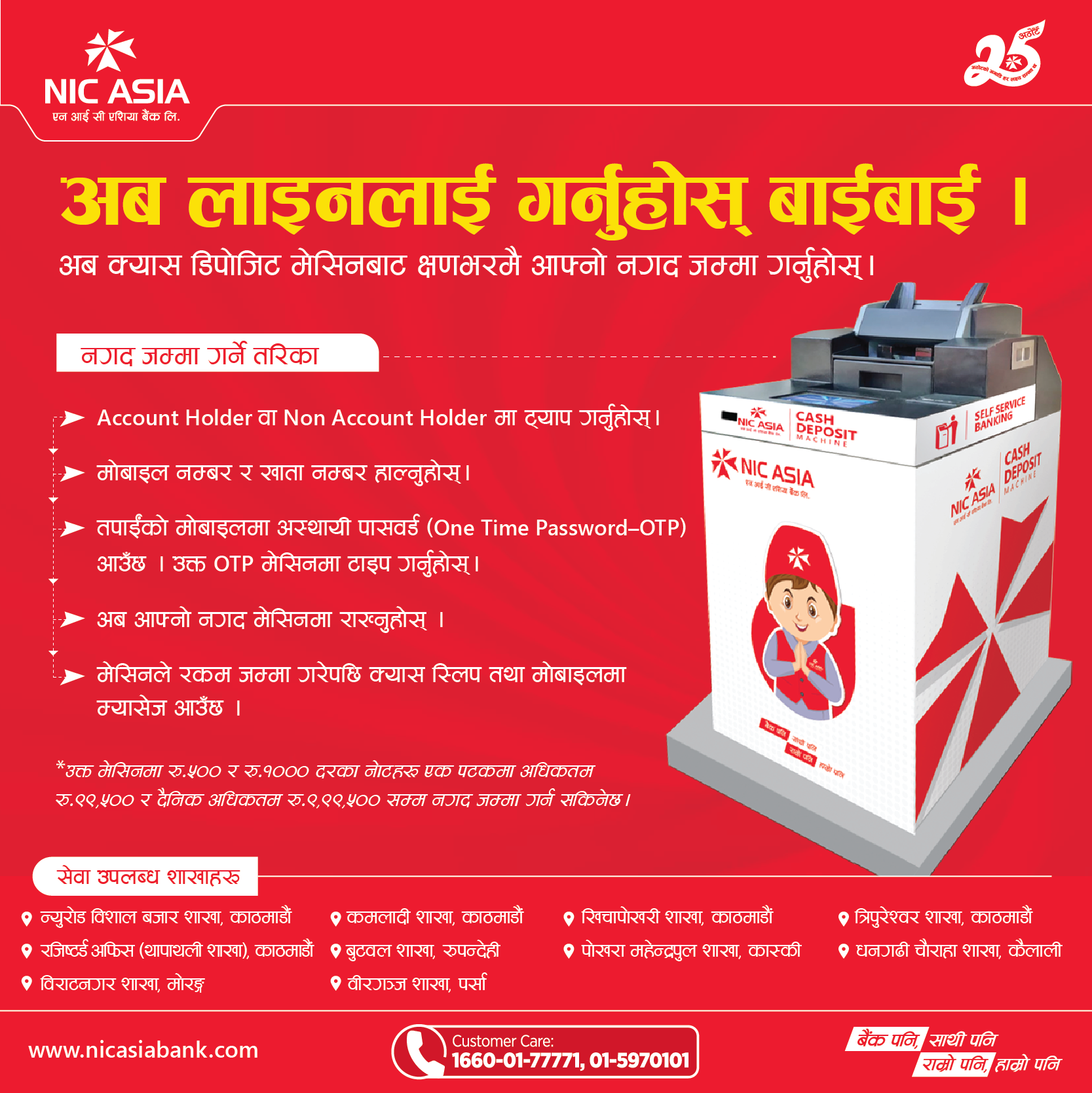 एनआईसी एशियाले सञ्चालनमा ल्यायो १० वटा क्यास डिपोजिट मेसिन